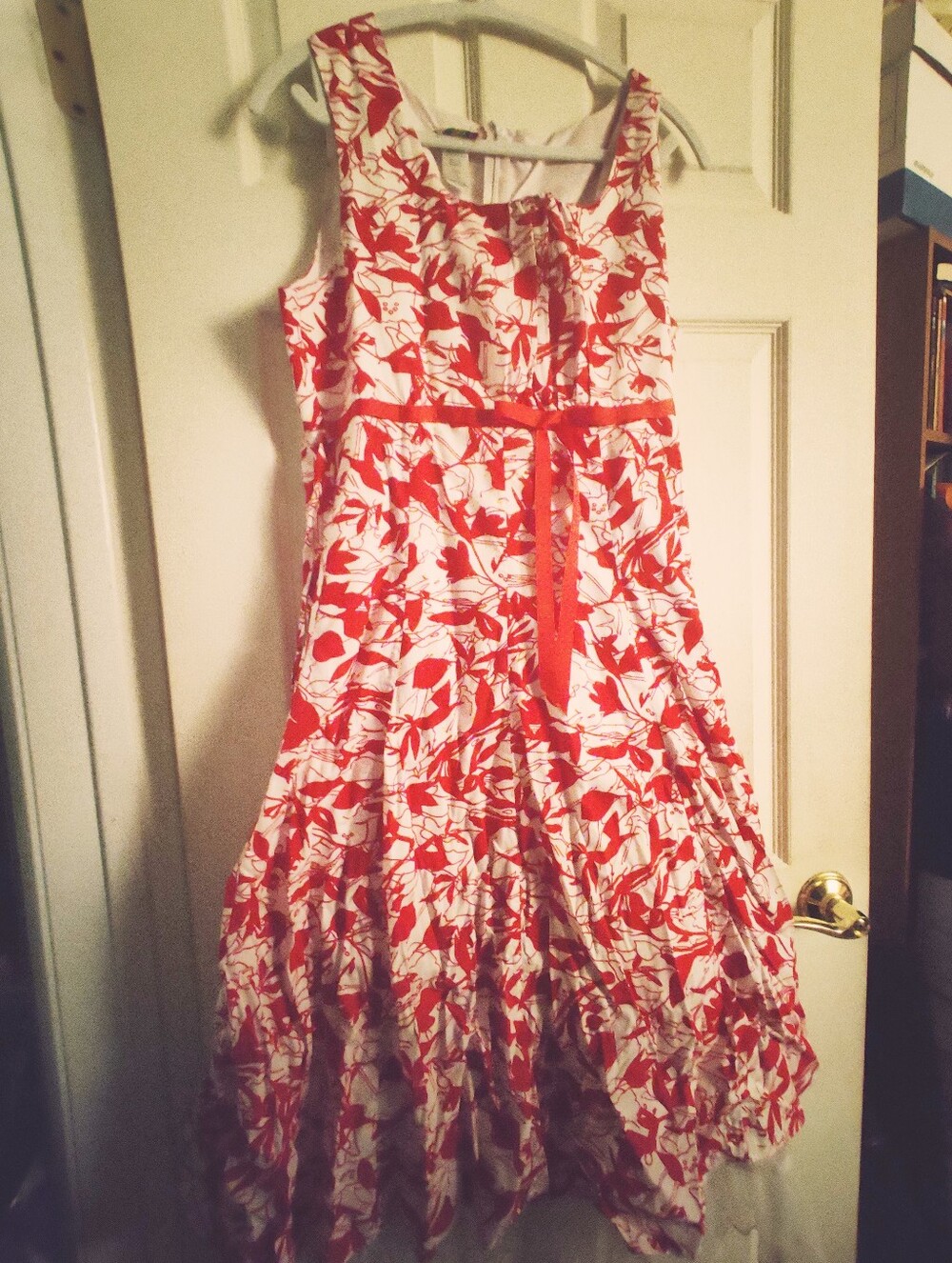 Red and White Floral Summer Dress with Ribbon Belt and Mesh Petticoat